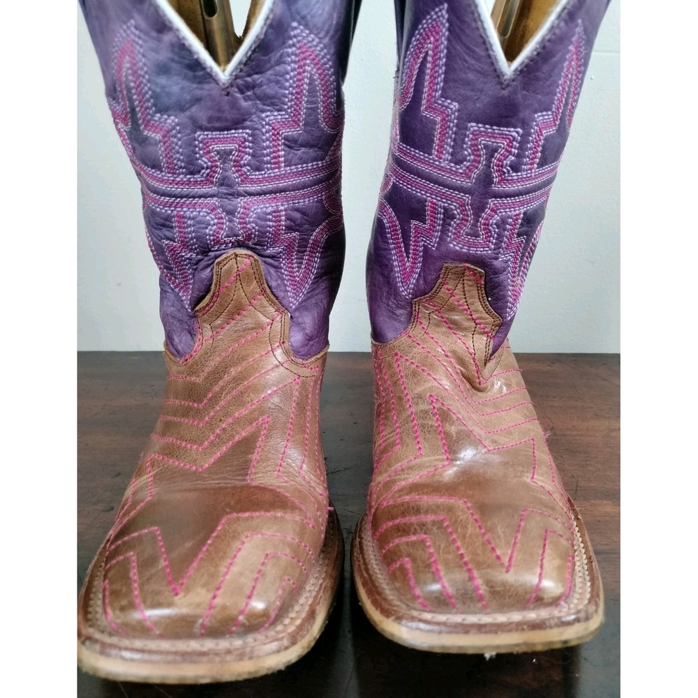 Tin Haul Starlight Cowgirl Boots Youth Kids Size 2 Purple Brown Square Toe USA